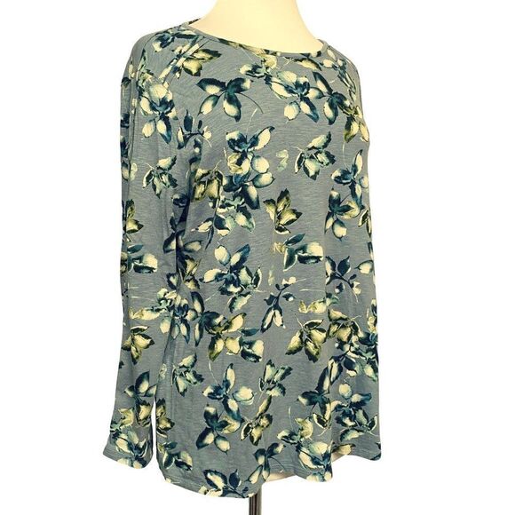 J. Jill Falling Leaves Slate Blue Floral Pullover Top Long Sleeves Detailed Sz L - Picture 2 of 4